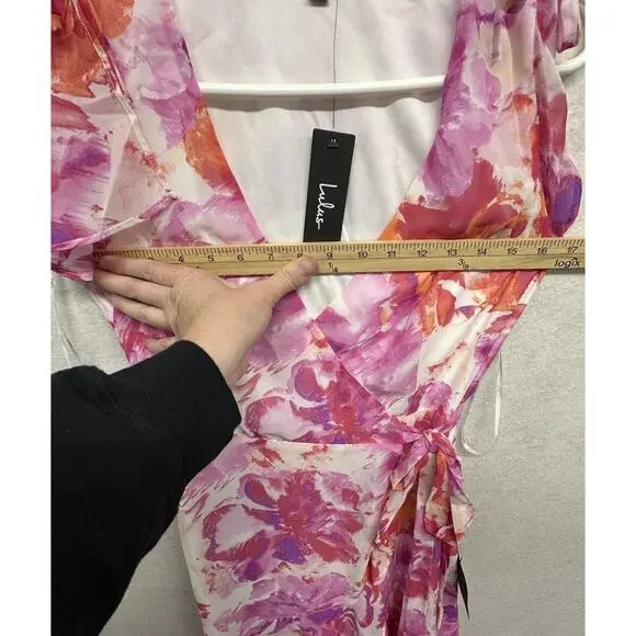 Lulus Dress Womens XS Lovable Aura Pink Floral Print Tiered Midi Wrap Dress - Picture 8 of 11